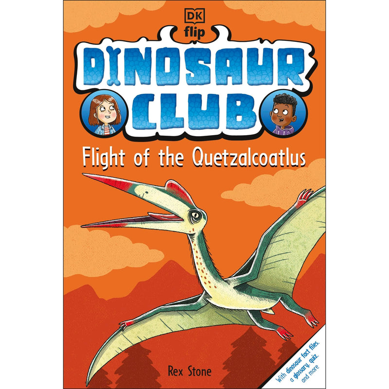 Kids' paperback book "Dinosaur Club: Flight of the Quetzalcoatlus" by DK Flip, featuring colorful dinosaur adventure illustrations.
