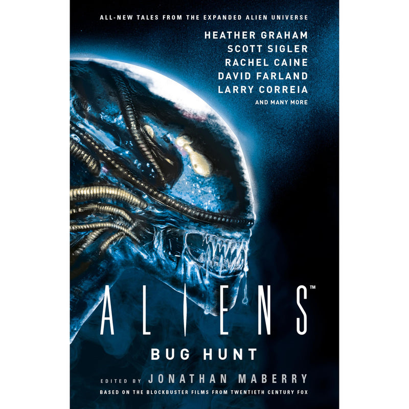 Young readers exploring a sci-fi adventure book titled Aliens: Bug Hunt by Titan Books, featuring space-themed illustrations.