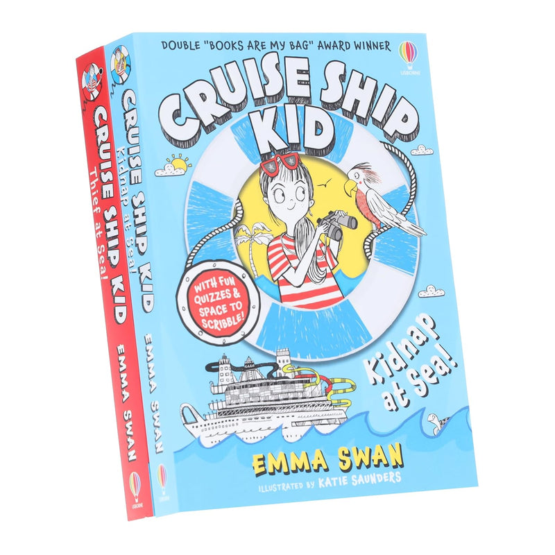 Two Usborne Publishing UK Ltd illustrated paperback books from the Cruise Ship Kid series by Emma Swan, featuring colorful ship and character artwork.
