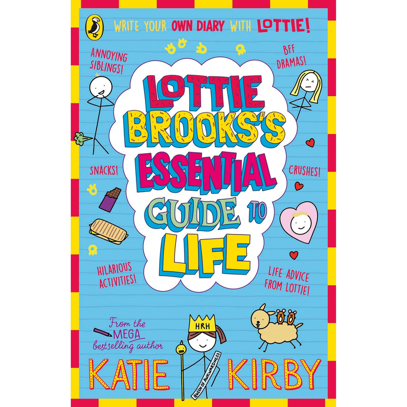 Open diary with Lottie Brooks’s Essential Guide to Life by Katie Kirby, featuring colorful illustrations and space for writing.