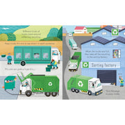 Board book titled "Peep Inside How a Recycling Truck Works" by Lara Bryan, showing colorful pages about recycling trucks for young children.