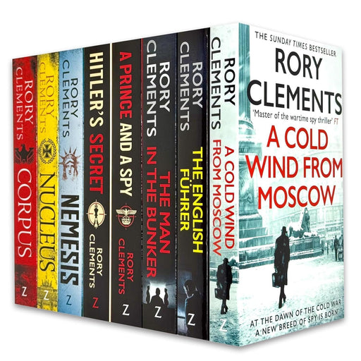Tom Wilde Series 8 books collection set by Rory Clements, Zaffre branding, featuring titles like Corpus, Nucleus, and Hitler.
