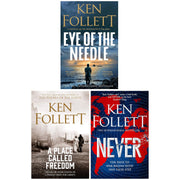 Set of three Ken Follett thriller paperbacks including Eye of the Needle, A Place Called Freedom, and Never by Pan Macmillan.