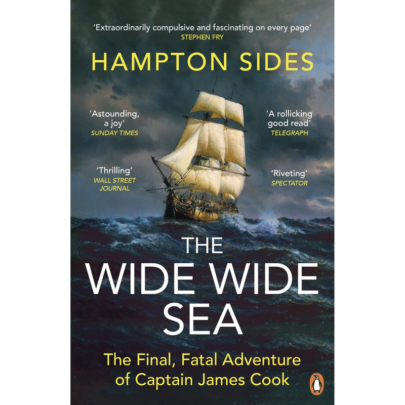 Hardcover of "The Wide Wide Sea" by Penguin, featuring a detailed cover illustration related to Captain James Cook's voyages.