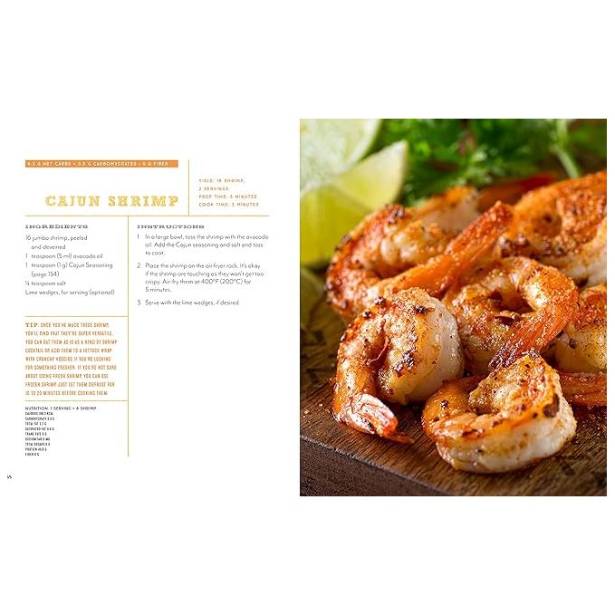 MSN Carolina Cartier air fryer cookbook featuring 75+ keto-friendly recipes, with colorful dish photos and recipe pages.