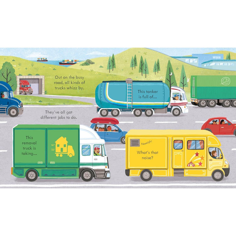 Peep inside a truck board book by Lara Bryan, showing colorful illustrations of truck parts and how a truck works.