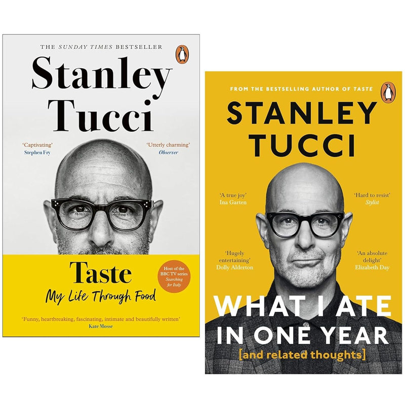 Stanley Tucci Fig Tree Ltd collection of two books, Taste and What I Ate in One Year, with colorful covers and text details.