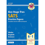 CGP KS2 SATS Practice Papers set with two books for science, maths, and English by CGP Books, showing covers and sample pages.
