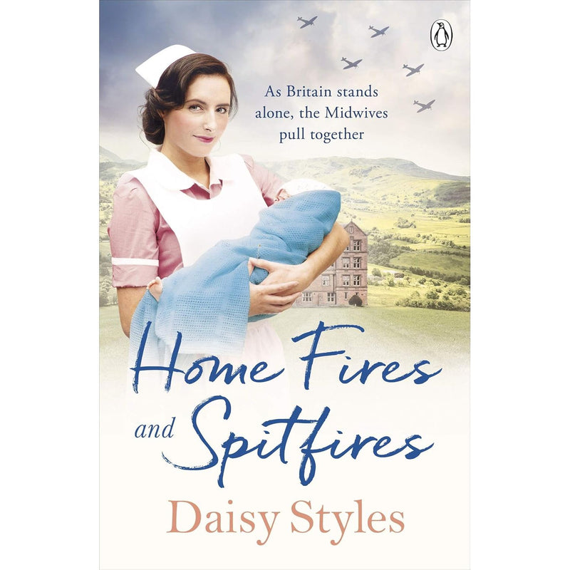 Set of eight Daisy Styles Collection books by Penguin, including The Wartime Midwives, Home Fires, and Spitfires, with colorful covers.
