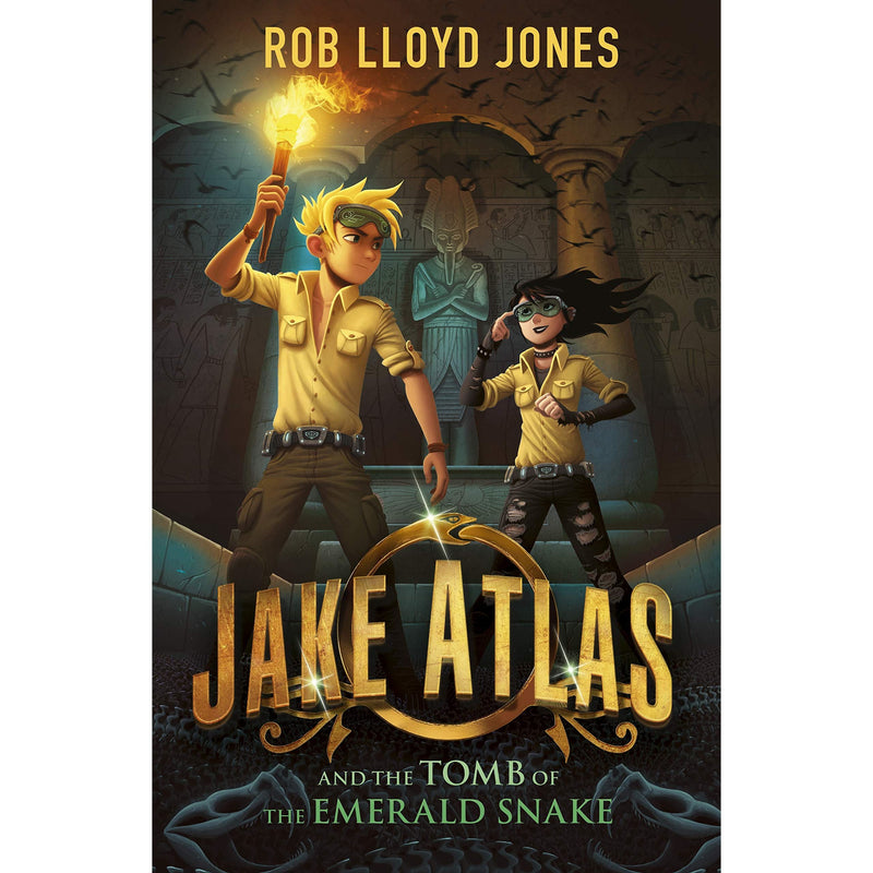 Paperback book cover of "Jake Atlas and The Tomb of the Emerald Snake" by Rob Lloyd Jones, featuring adventurous jungle imagery.
