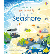 Colorful peep inside the seashore board book by Milbourne Anna, exploring ocean life with engaging illustrations for children.