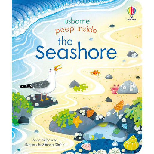 Colorful peep inside the seashore board book by Milbourne Anna, exploring ocean life with engaging illustrations for children.