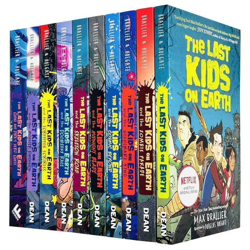 Collection of The Last Kids on Earth series 10 books by Max Brallier, featuring colorful covers including Cosmic Beyond and Midnight Blade.