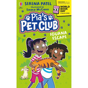 Illustration from Pia's Pet Club: Iguana Escape book by Serena Patel, published by Usborne Publishing Ltd, showing colorful iguana on a page.