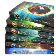 Six paperback books from the Redwall Series by Brian Jacques, featuring colorful covers and classic fantasy illustrations.