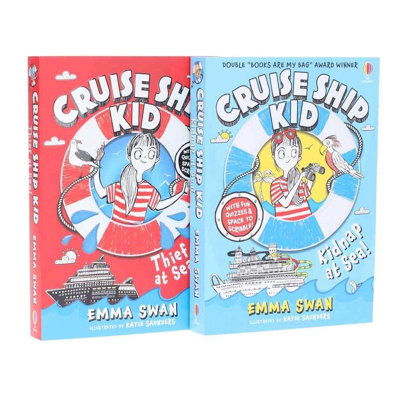 Two Usborne Publishing UK Ltd illustrated cruise ship kid series books by Emma Swan, featuring colorful ship illustrations.