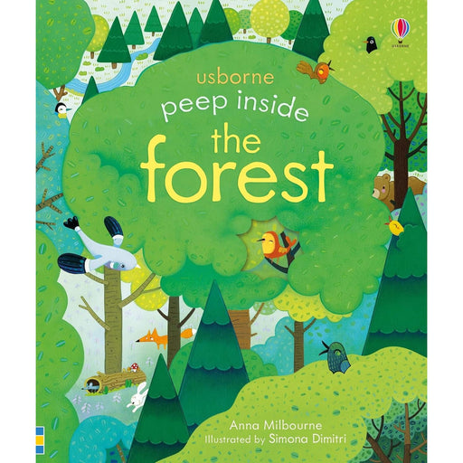 Peep Inside the Forest by Anna Milbourne board book showing colorful forest scenes with animals and trees for children.