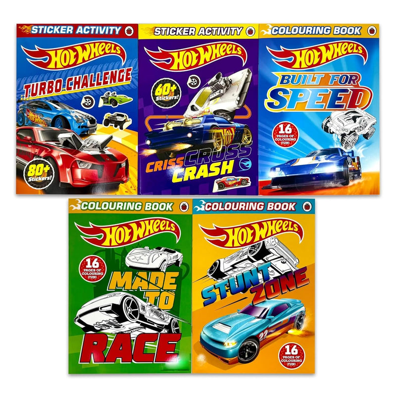 Hot Wheels Activity Book Collection 5 Books Set (Turbo Challenge Sticker Activity Book, Criss Cross Crash Sticker Activity Book, Built For Speed, Stunt Zone, Made to Race Colouring Book) - Ages 5-7 - Paperback