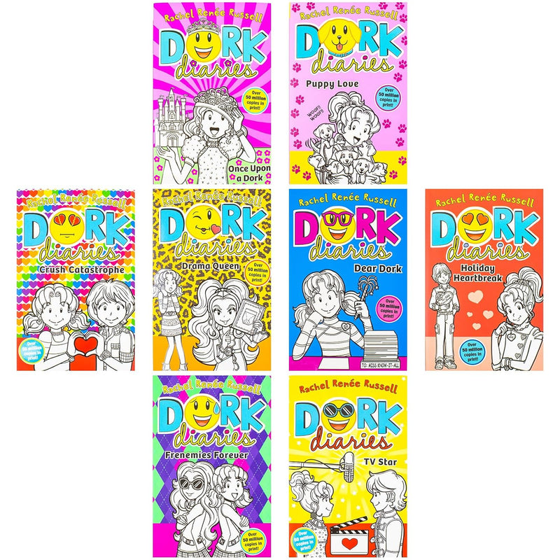 Dork Diaries 8 Books Collection Set by Rachel Renee Russell (TV Star, Frenemies Forever, Holiday Heartbreak, Dear Dork, Drama Queen, Crush Catastrophe, Puppy Love, Once Upon A Dork)- Fiction - Paperback