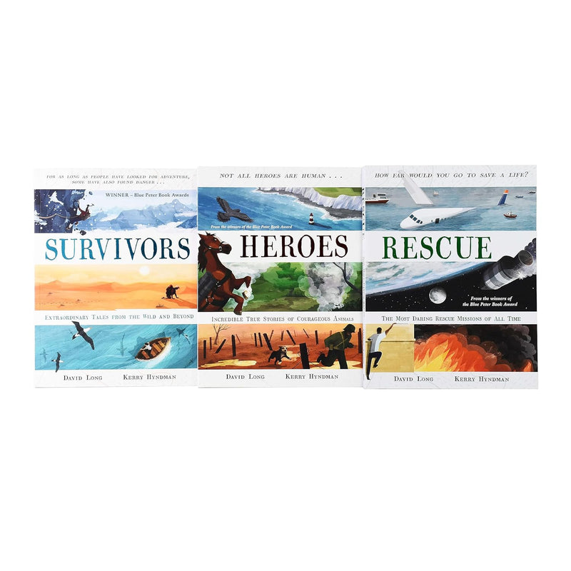 David Long 3 Books collection set including Survivors, Heroes, and Rescue by Faber & Faber Ltd, featuring colorful book covers.