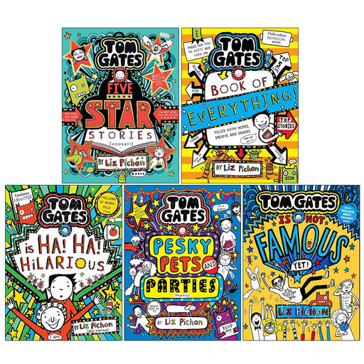Tom Gates 5 Books collection by Liz Pichon, fiction set featuring colorful covers and mixed formats for young readers.