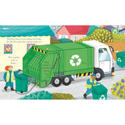 Board book titled "Peep Inside How a Recycling Truck Works" by Lara Bryan, showing colorful illustrations of a recycling truck for young children.