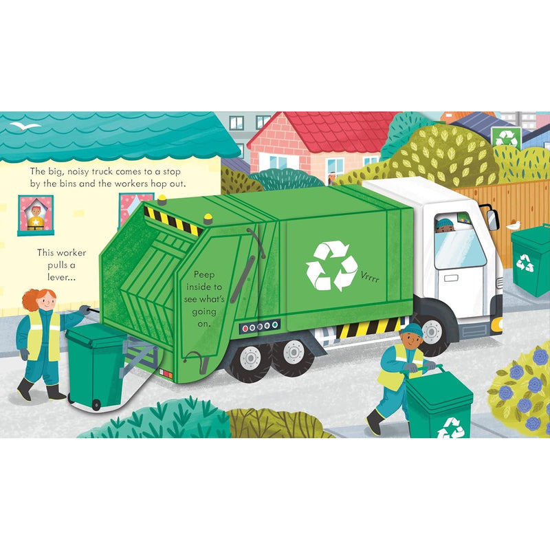 Board book titled "Peep Inside How a Recycling Truck Works" by Lara Bryan, showing colorful illustrations of a recycling truck for young children.