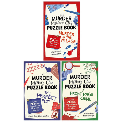Three paperback murder mystery puzzle books from the Gareth Moore and Laura Jayne Ayres series, featuring engaging crime fiction.