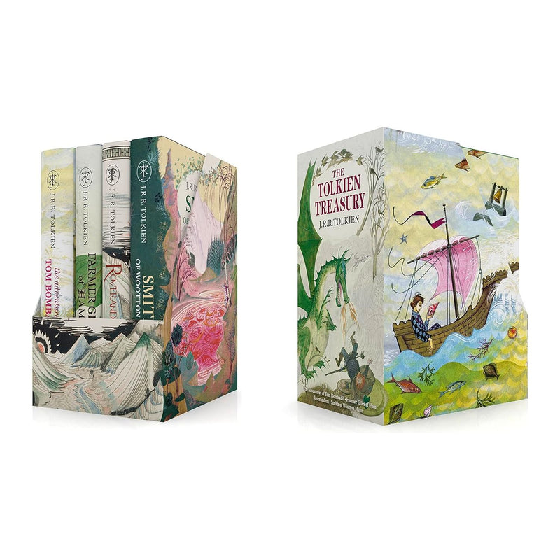 J.R.R. Tolkien hardcover collection "The Tolkien Treasury" with stories like Roverandom, Farmer Giles, Tom Bombadil, and Smith of Wootton Major.