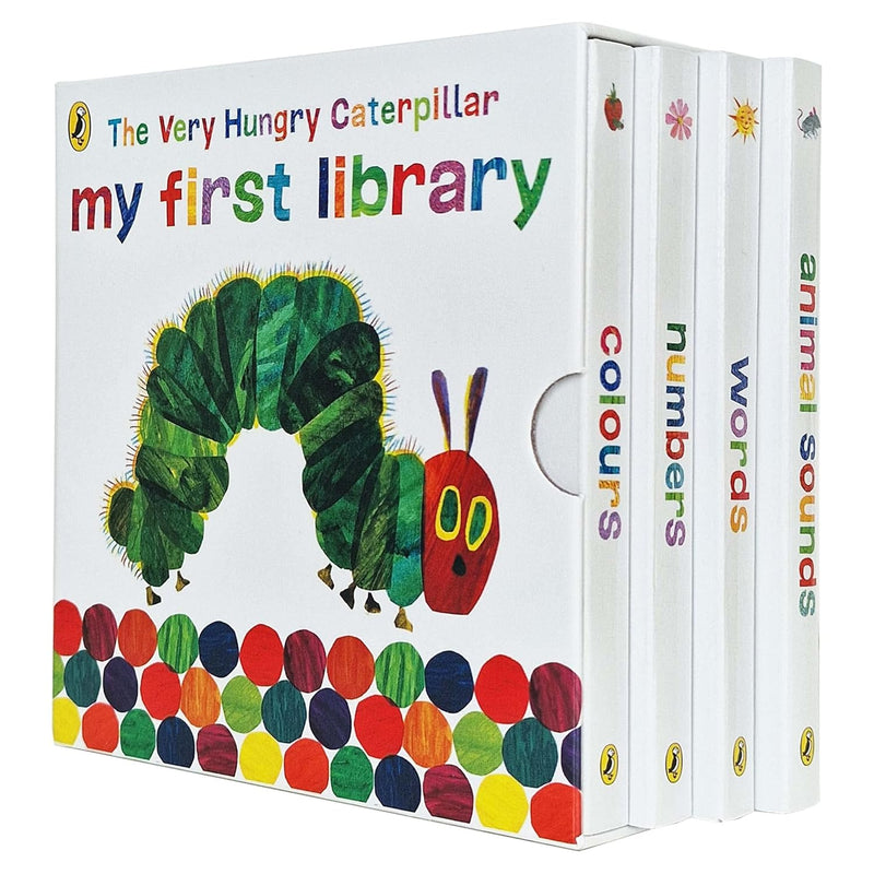 Eric Carle The Very Hungry Caterpillar board book set from Puffin's My First Library collection, featuring colorful illustrations.