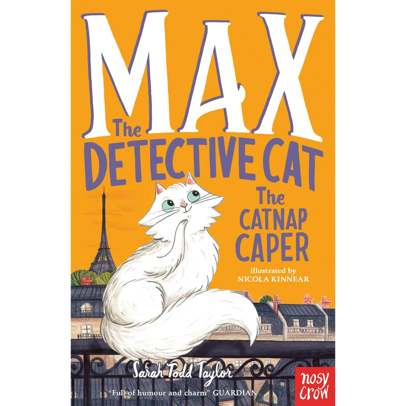 Paperback copy of "Max The Detective Cat: The Catnap Caper" for ages 7-9, featuring colorful cover art by Nosy Crow Ltd.