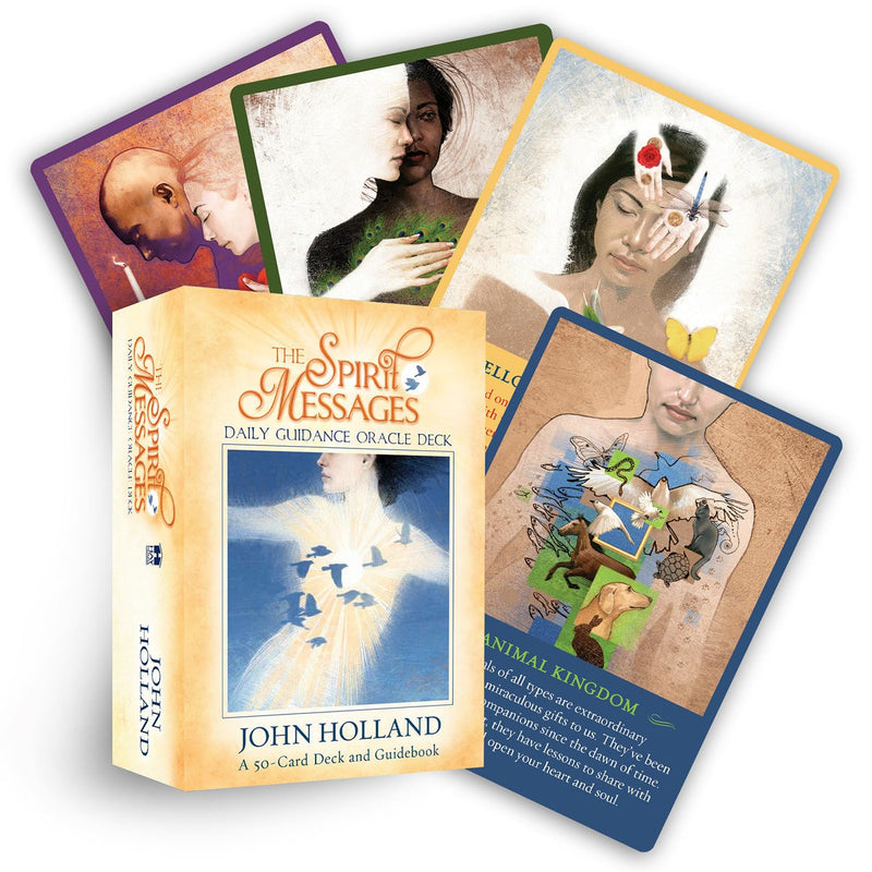 Spirit Messages Daily Guidance Oracle Deck by John Holland, 50-card deck with guidebook, featuring vibrant oracle card illustrations.