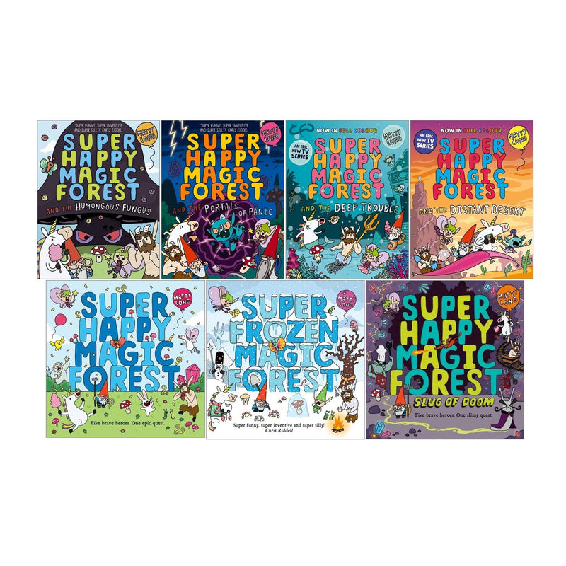 Seven-book Super Happy Magic Forest collection by Matty Long, featuring colorful paperback covers from Oxford University Press.