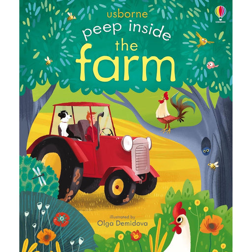 Children's board book titled "Peep Inside the Farm" by Anna Milbourne, showing colorful farm scenes and animal illustrations.
