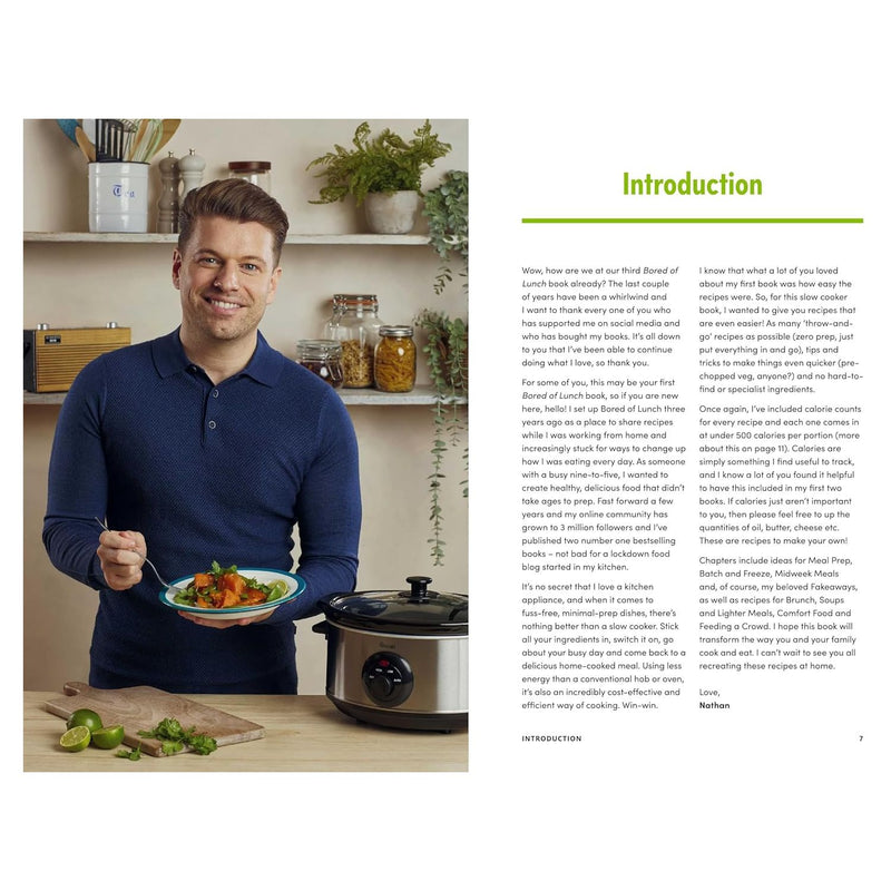 Hardcover cookbook titled "Bored of Lunch" by Nathan Anthony, featuring healthy slow cooker recipes, published by Ebury Press.