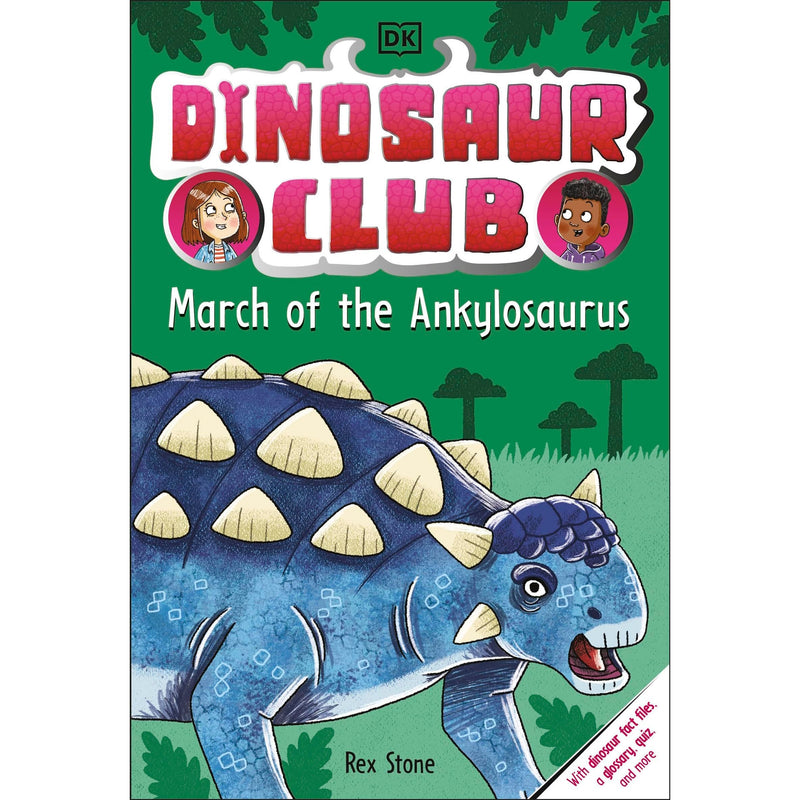 Paperback book cover of "Dinosaur Club: March of the Ankylosaurus" by DK flip, featuring colorful dinosaur illustrations for young readers.