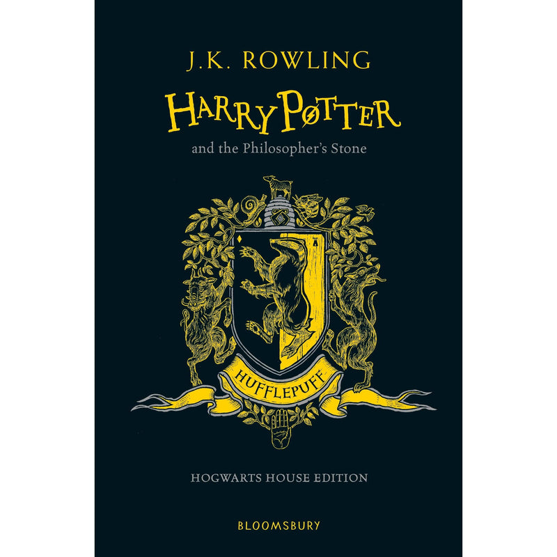 Hufflepuff edition of Harry Potter and the Philosopher's Stone by J.K. Rowling, published by Bloomsbury Children's Books, featuring the book cover.