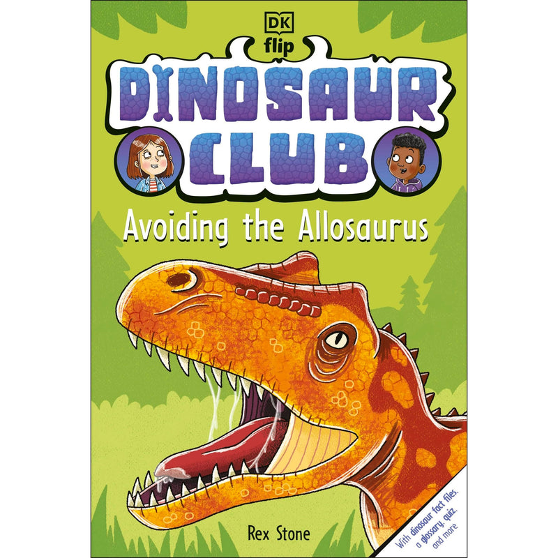 Children's paperback book titled Dinosaur Club: Avoiding the Allosaurus by DK flip, featuring colorful dinosaur illustrations for ages 7-9.
