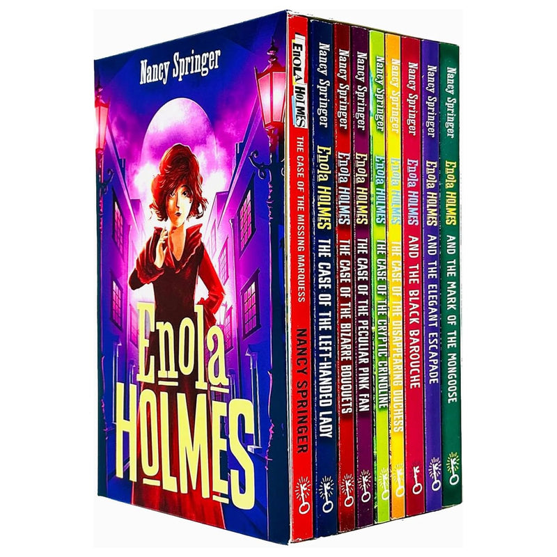 Enola Holmes 9-book collection set by Nancy Springer, featuring Enola Holmes mystery novels in colorful covers.