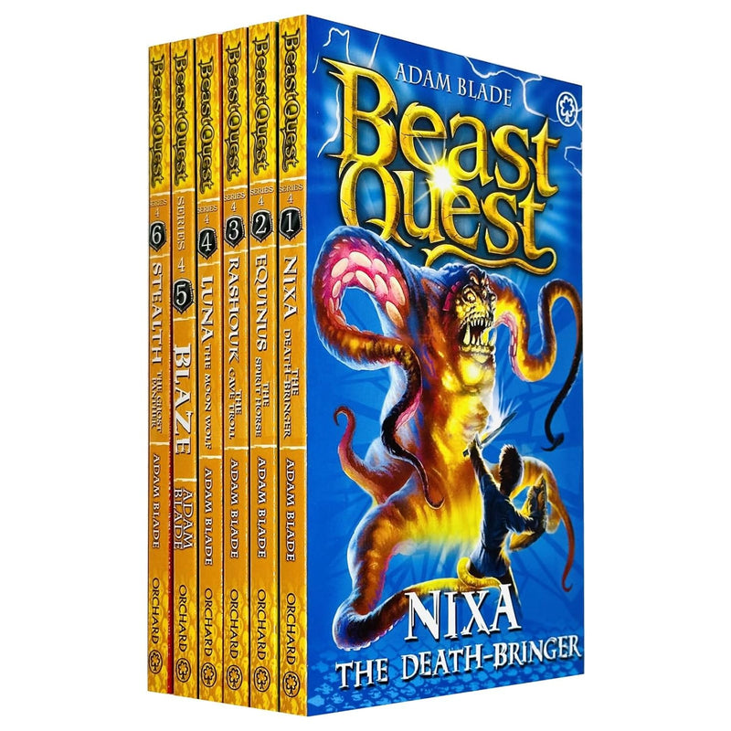 Beast Quest Series 4 collection set of 6 paperback books by Adam Blade, featuring fantasy fiction with colorful covers.
