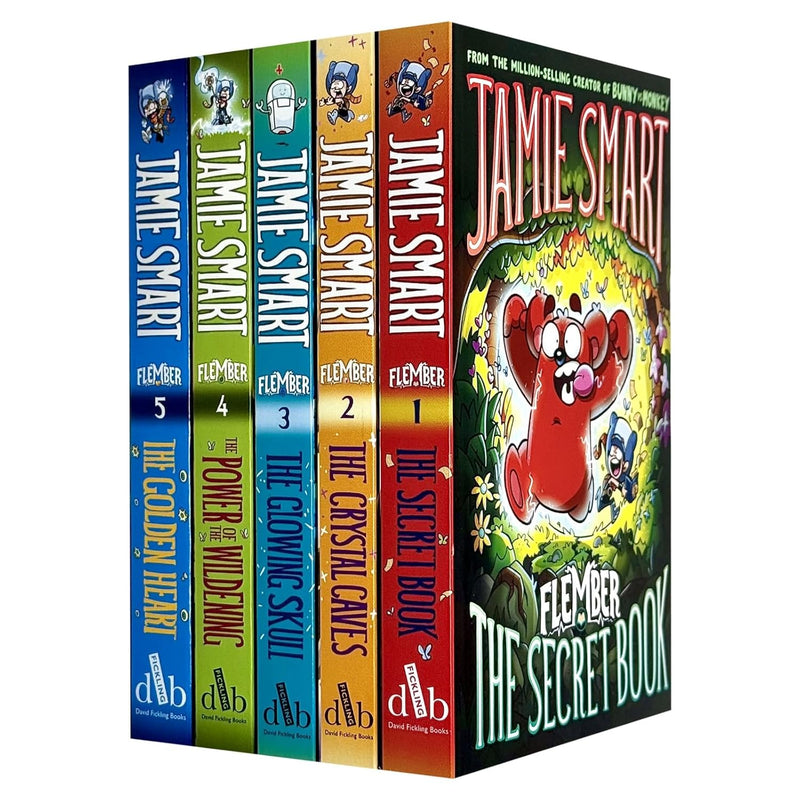 Flember Series 5 books collection set by Jamie Smart, featuring The Secret Book, Crystal Caves, Glowing Skull, Wildening, and Golden Heart.