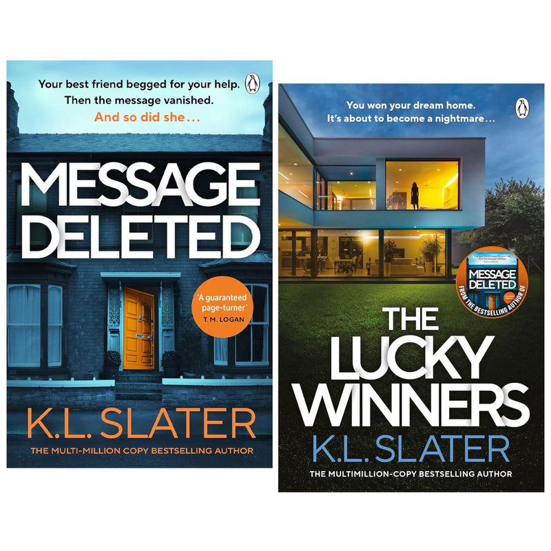 Two paperback fiction books in the Message Deleted & The Lucky Winners collection by K. L. Slater, published by Penguin UK.