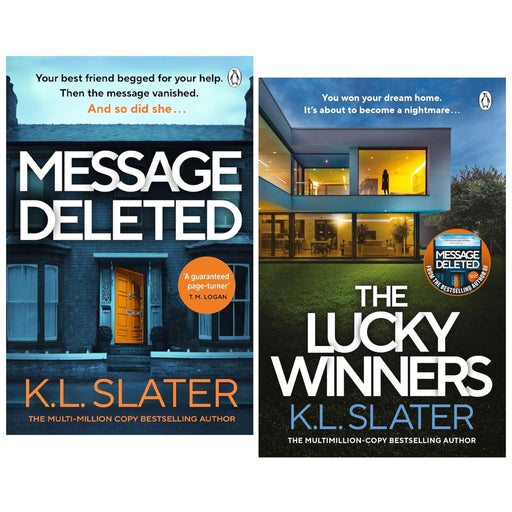 Two paperback fiction books in the Message Deleted & The Lucky Winners collection by K. L. Slater, published by Penguin UK.