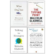 Set of four Malcolm Gladwell non-fiction books, including "What The Dog Saw" and "The Tipping Point," in mixed formats.