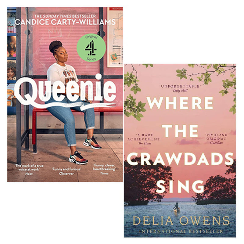 Set of two paperback fiction books: Queenie by Candice Carty-Williams and Where the Crawdads Sing by Delia Owens, with trapeze binding.