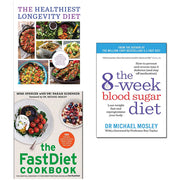 Set of three paperback health and diet books by Michael Mosley, including The Fastdiet, The Blood Sugar Diet, and The Longevity Diet.