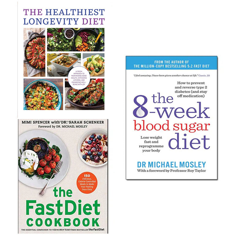 Set of three paperback health and diet books by Michael Mosley, including The Fastdiet, The Blood Sugar Diet, and The Longevity Diet.