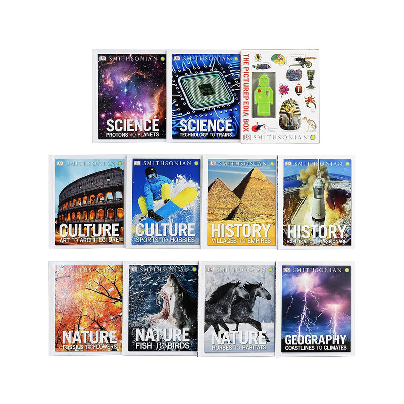 DK Children Picturepedia Box set featuring 11 books on science topics like protons, planets, technology, and trains.