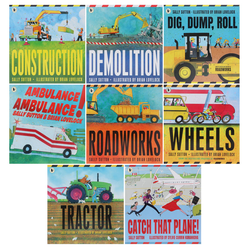 Collection of eight construction-themed fiction books for children aged 3-5 by Sally Sutton, featuring colorful illustrations.