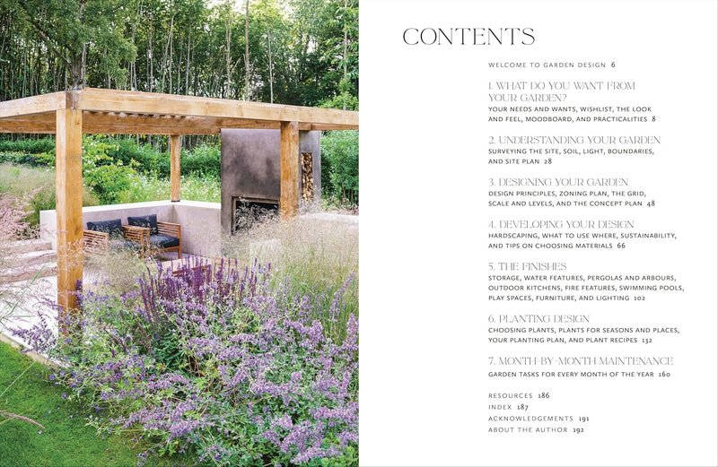 Hardcover book titled "How To Design A Garden" by Pollyanna Wilkinson, featuring a garden design illustration on the cover.